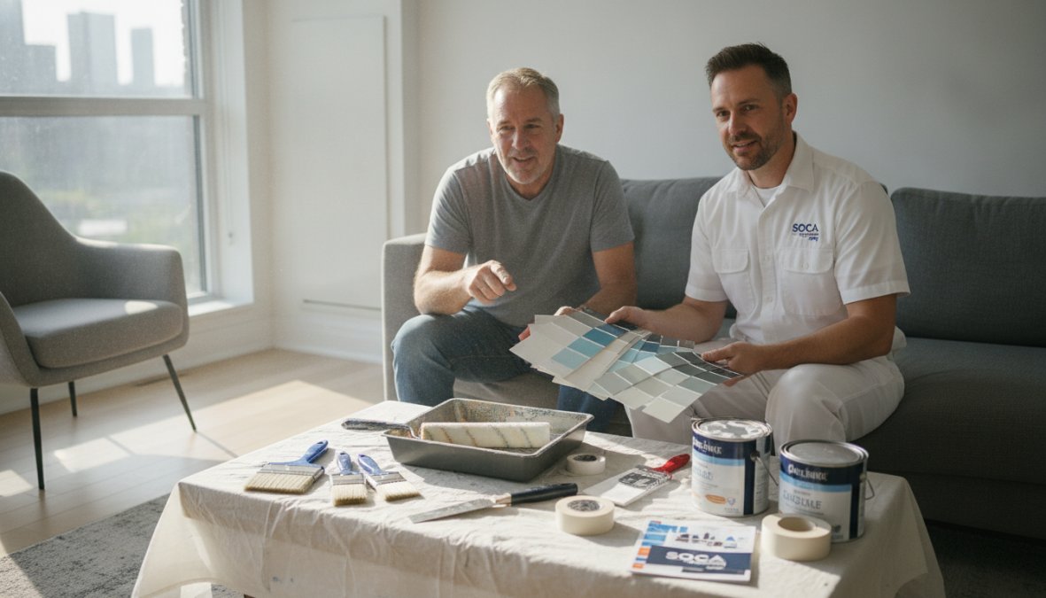 Homeowner discussing interior painting project with professional painter holding paint color samples and discussing wall preparation in bright Toronto living room