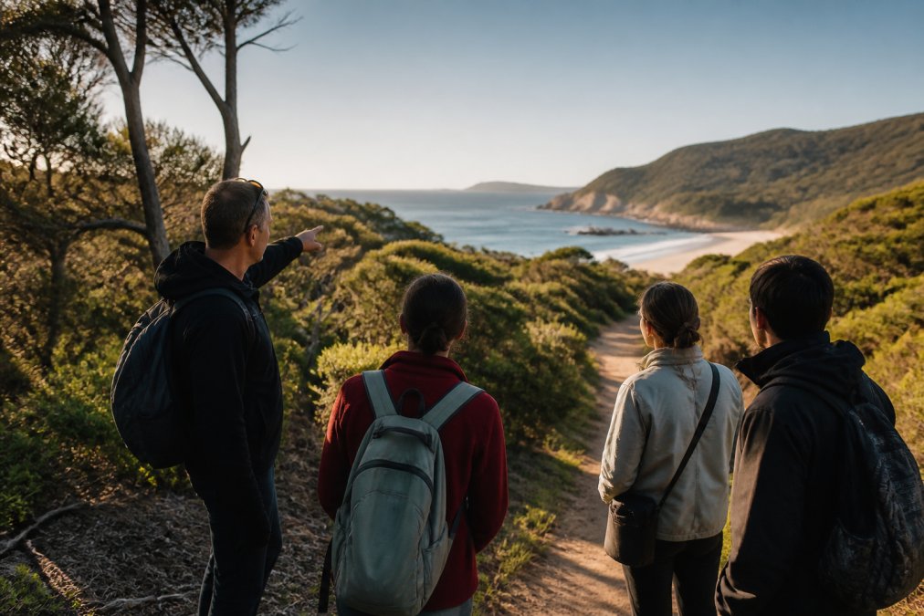 A local Tasmania guide points toward a secluded beach for travellers walking along a quiet morning coastal track.