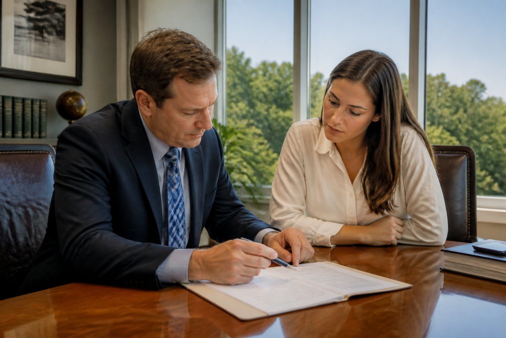 A personal injury attorney and a client reviewing documents together at a wooden desk in a bright Tennessee law office, afternoon light through large windows