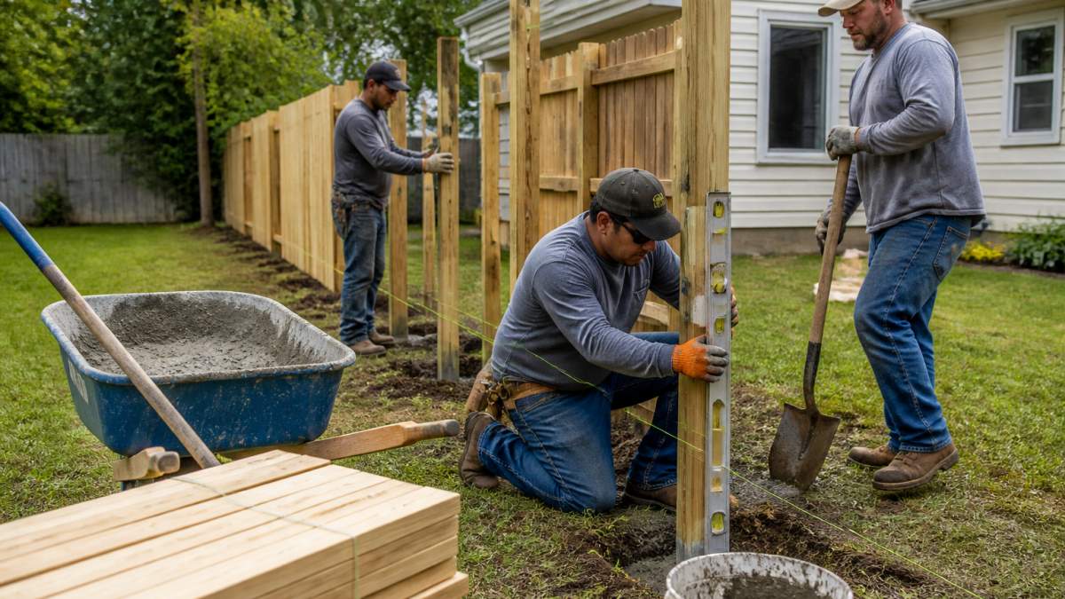 Professional fence installation crew securing wooden fence posts into concrete footings on a residential property, with organized materials and safety equipment visible on a clean job site