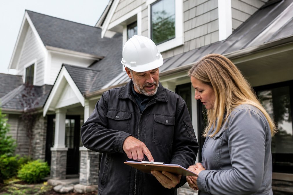Contractor in a hard hat reviewing home renovation plans with a client while hiring one contractor for the project