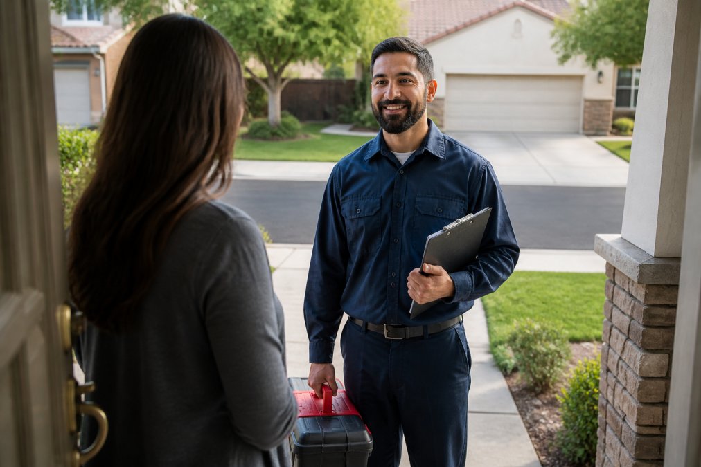 Friendly property maintenance technician greeting a homeowner at the front door with a clipboard and toolbox