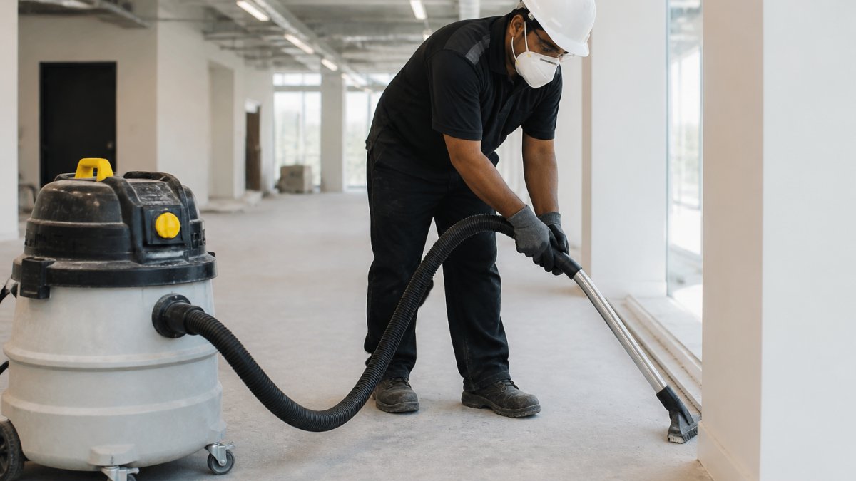 Professional cleaner using specialized equipment with HEPA filtration to remove fine construction dust from interior surfaces in a freshly renovated commercial space, wearing protective gear and mask