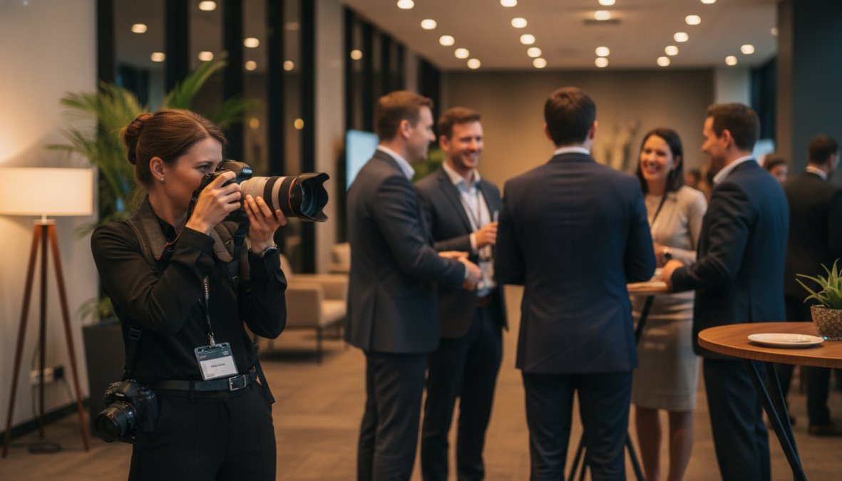 A professional photographer with a high-end camera capturing candid networking moments at a corporate conference, attendees in business attire engaged in conversation under warm amber event lighting, shot from a low angle to emphasize the energy of the room