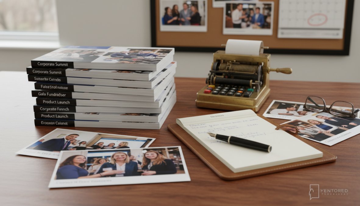 A marketing professional reviewing a curated gallery of high-resolution corporate event photos on a laptop screen in a modern office, printed sales decks and a notepad on the desk, warm natural light from a window to the left