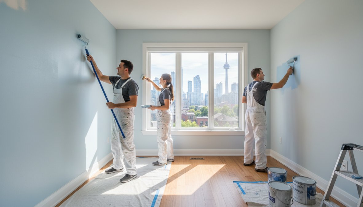 A professional painter in branded workwear carefully applying a smooth coat of paint to an interior wall in a bright Toronto home, with drop cloths protecting hardwood floors and spray equipment visible in the background