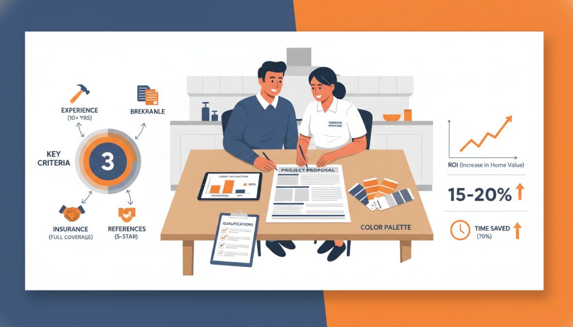 A homeowner and a professional painting contractor reviewing a detailed project proposal together at a kitchen table, with paint swatches and a clipboard visible in a well-lit modern Toronto home