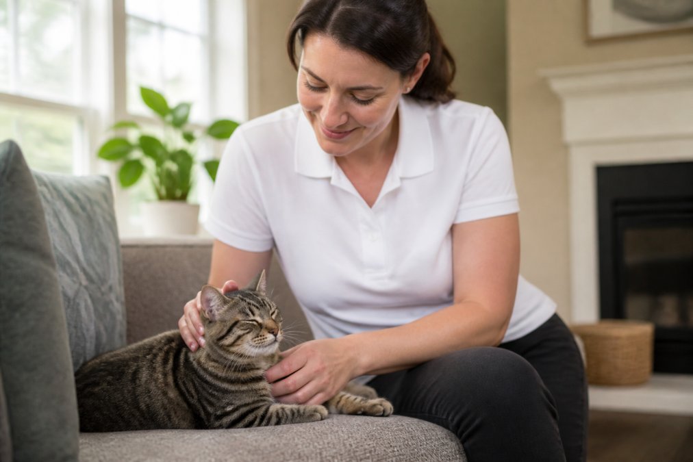 A professional cat sitter in a clean polo shirt gently stroking a relaxed tabby cat on a sofa in a bright, tidy living room