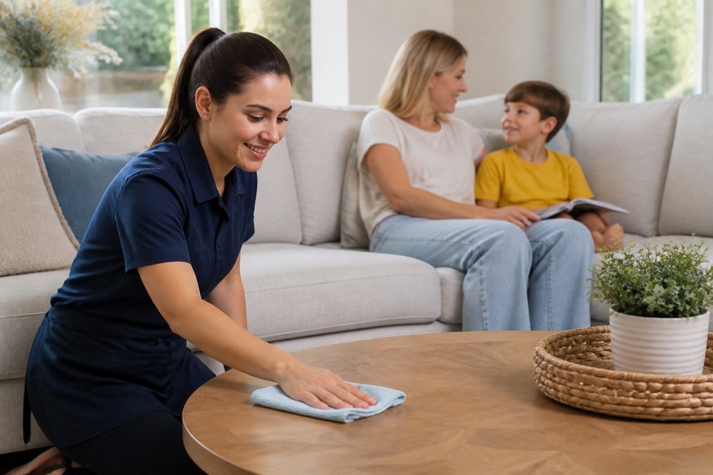 Infographic showing how recurring home cleaners maintain a calm living space compared to one-off cleaning services.