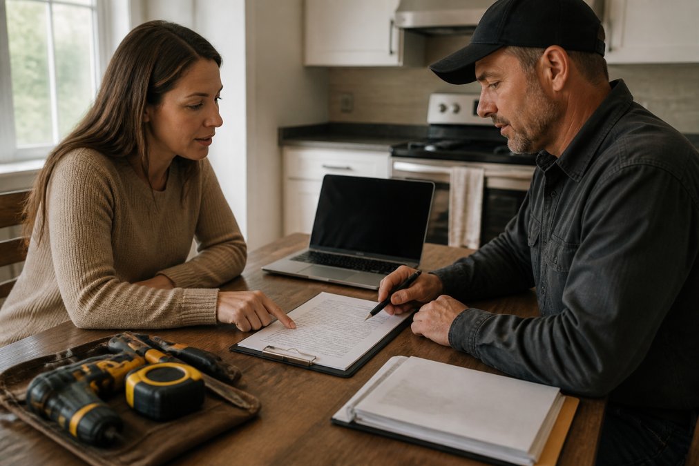 A homeowner and a contractor sitting across from each other at a kitchen table reviewing certification documents, a laptop open between them showing a verification website, warm afternoon light through a window