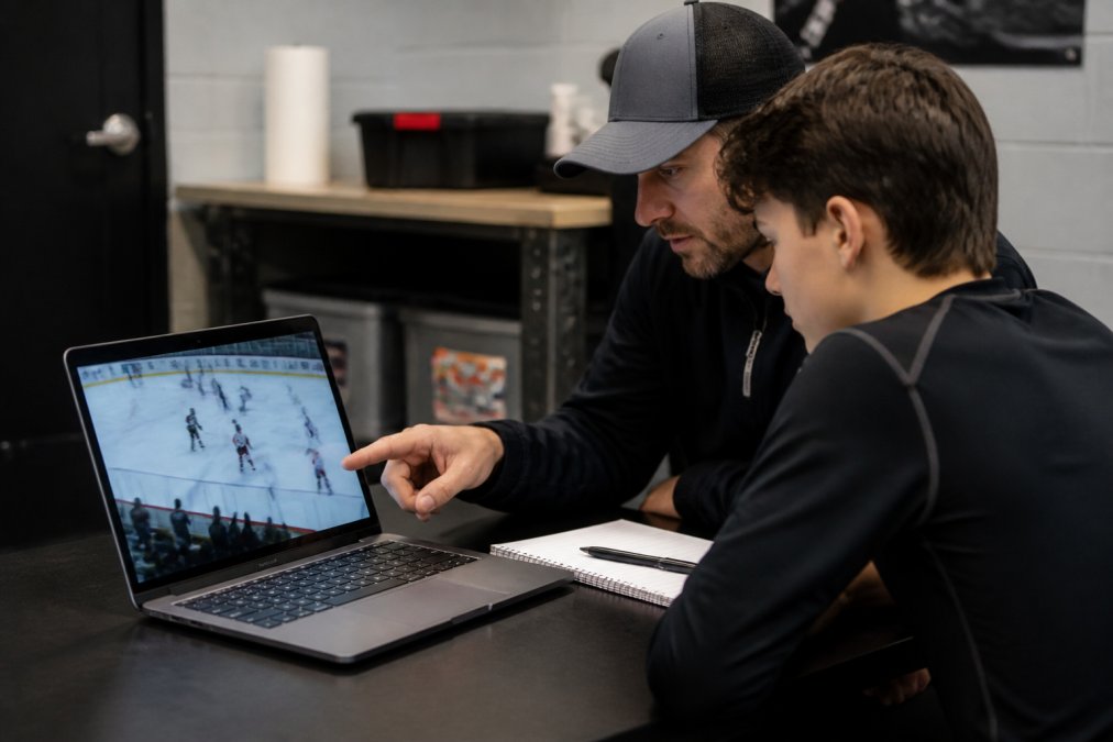 Coach and player using a laptop for hockey video analysis to review game footage and player performance steps