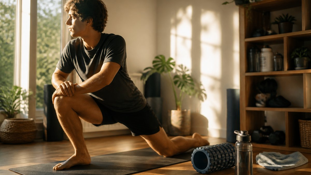 A young athlete in comfortable clothing stretching on a yoga mat in a calm, sunlit room with a water bottle and foam roller nearby