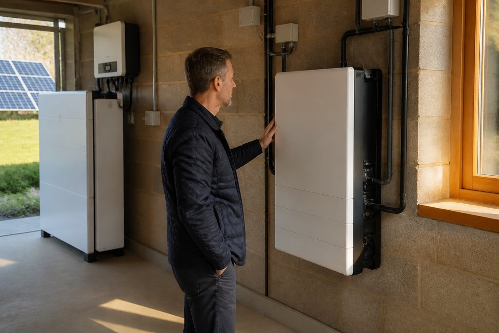 A homeowner in a utility room checking a wall-mounted home battery storage unit with a digital display, solar panel equipment visible in the background, soft afternoon light through a side window