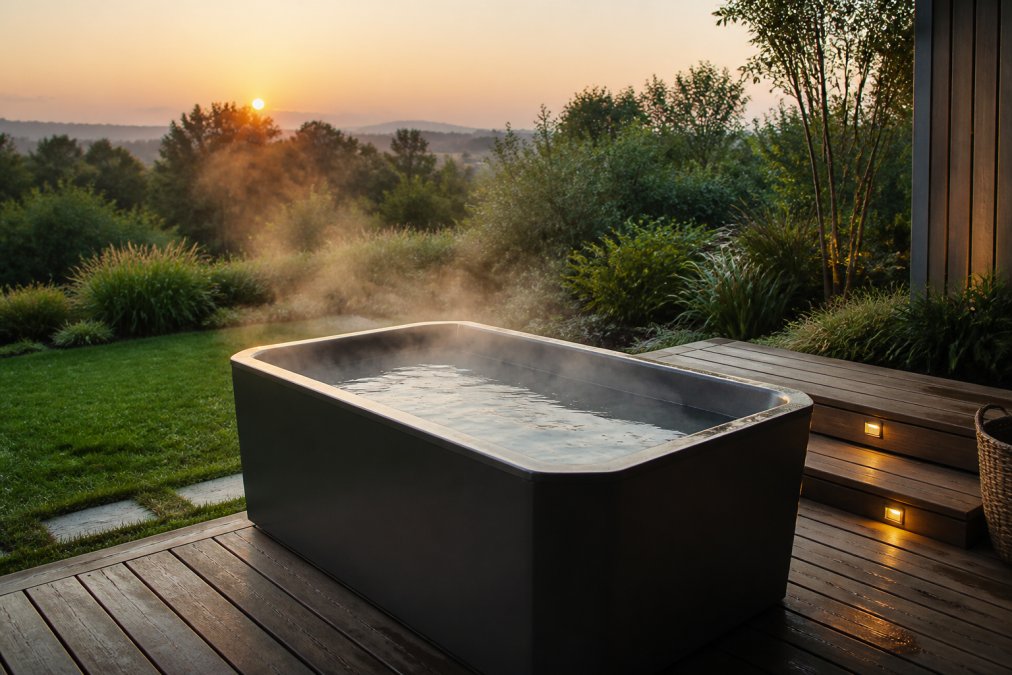 A serene backyard setting with a sleek, modern cold plunge tub surrounded by wooden decking and lush greenery, with steam rising from the water at dawn