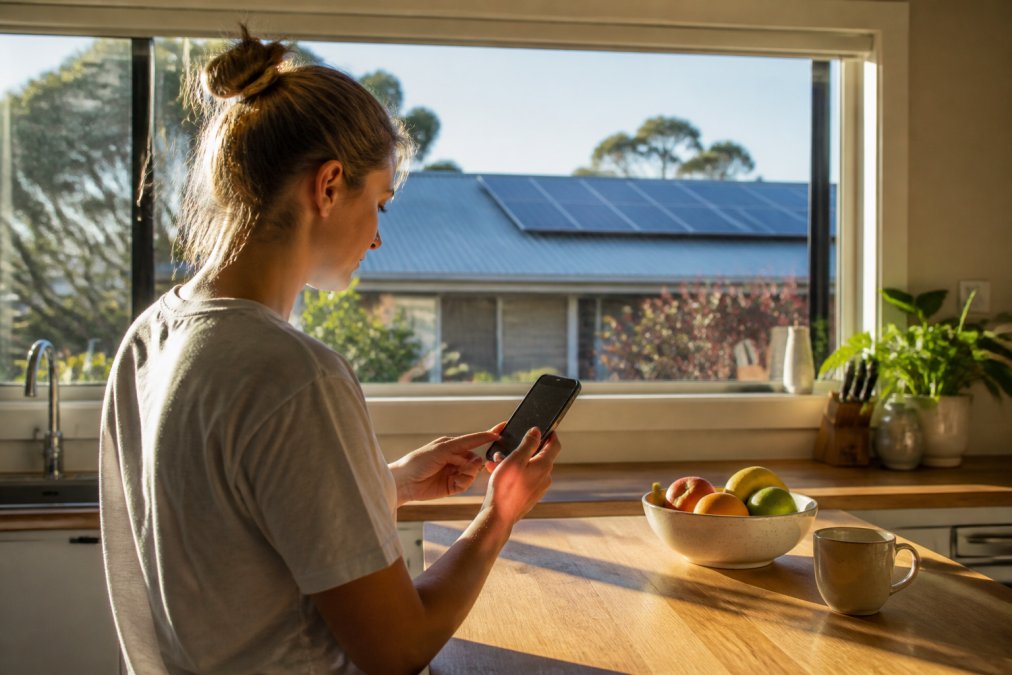 Homeowner checking real-time electricity consumption data on a smartphone or tablet in their kitchen, with solar panels visible through the window and morning sunlight streaming across the bench