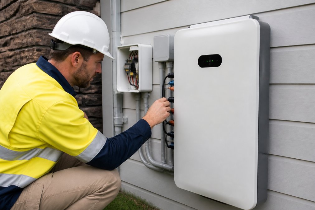 CEC-accredited solar technician inspecting a residential battery storage system mounted on a wall, checking electrical connections and system status indicator lights in afternoon natural light