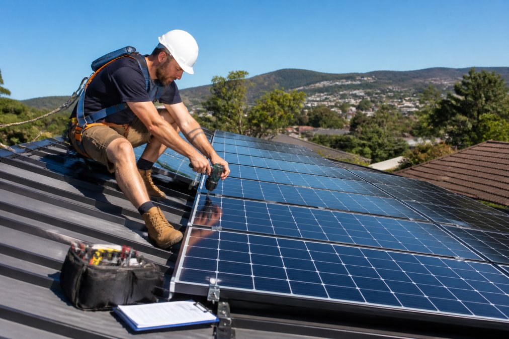 A licensed electrician in safety gear installing a rooftop solar panel system on a suburban Australian home on a clear day, with a clipboard and tools visible