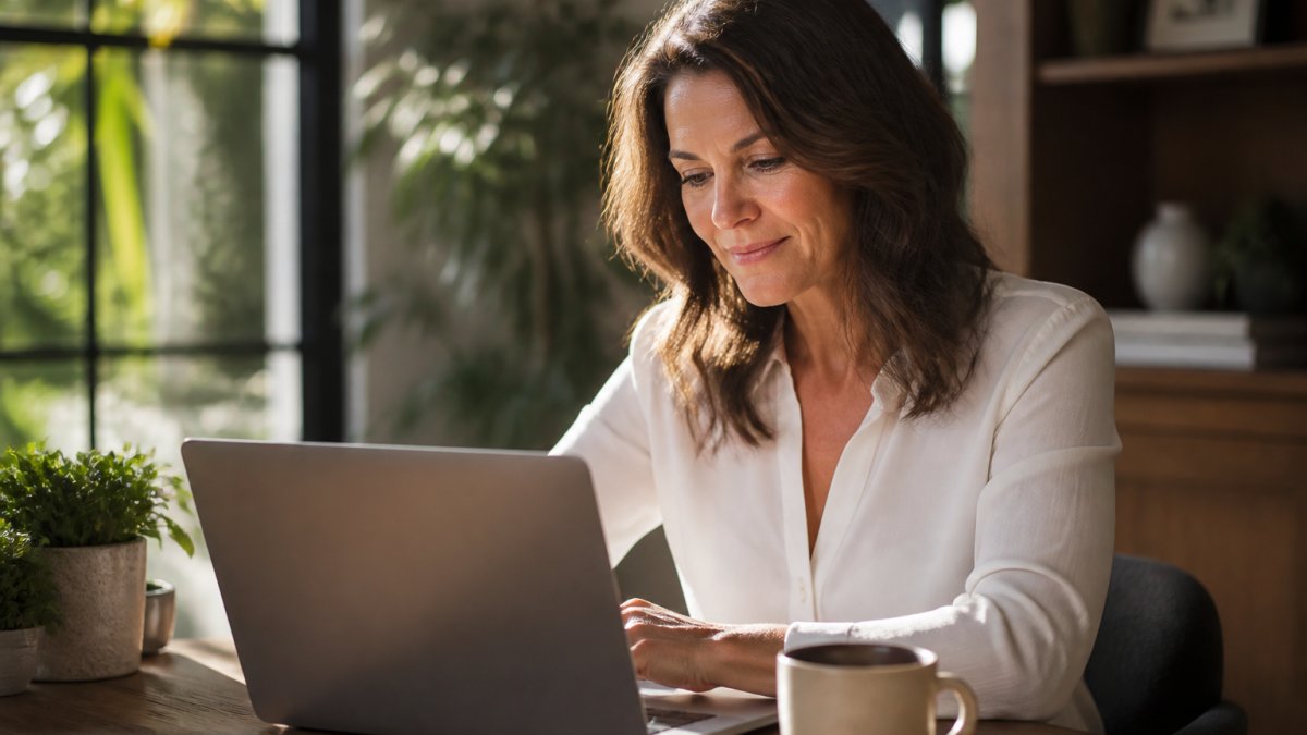 Woman in her 40s sitting at a desk in morning light, looking refreshed and focused while working on a laptop, with a cup of coffee nearby
