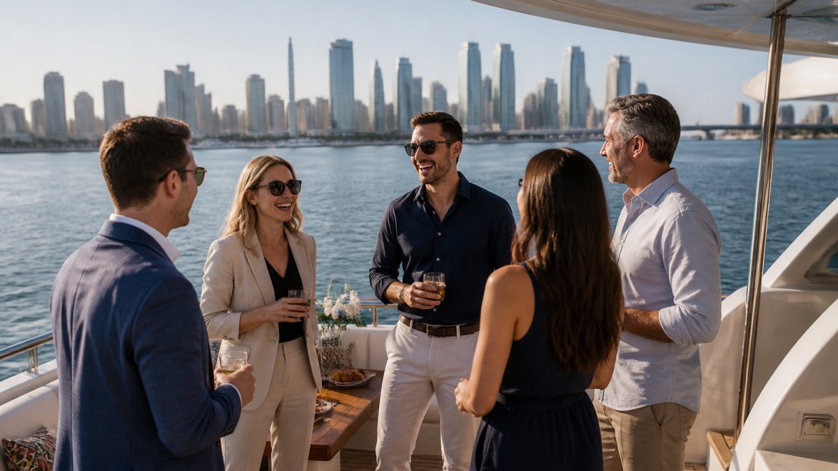 A group of business professionals in smart casual attire talking and laughing on the aft deck of a luxury motor yacht, Miami skyline behind them, late afternoon light