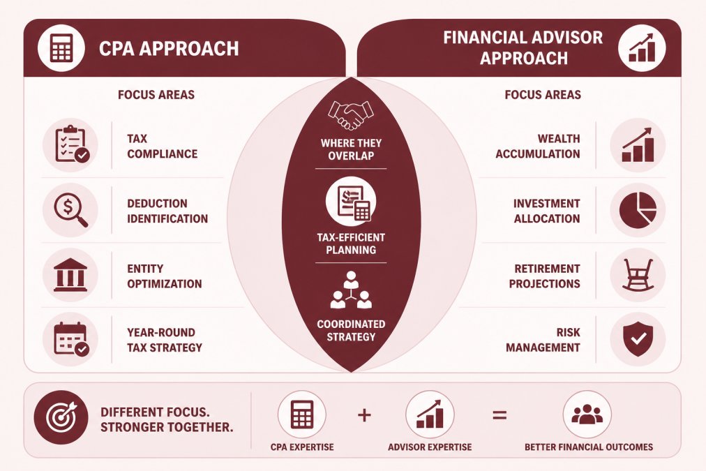Comparison matrix showing CPA focus areas (tax compliance, deduction identification, entity optimization, year-round tax strategy) versus Financial Advisor focus areas (wealth accumulation, investment allocation, retirement projections, risk management) with overlap in tax-efficient planning and coordinated strategy