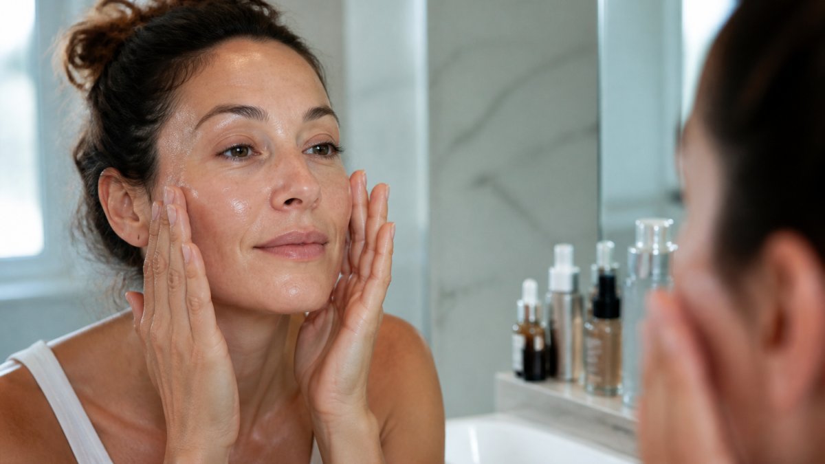 Close-up of a woman in her 40s pressing a few drops of clear serum into her damp face with her fingertips in a bright bathroom, skincare bottles on the counter behind her