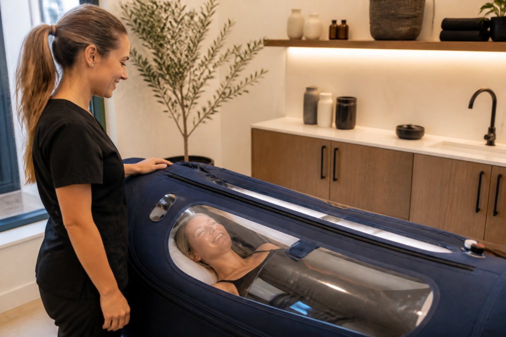 A client relaxing inside a soft-shell hyperbaric chamber in a bright, modern spa treatment room while a spa attendant in uniform monitors the session through a clear viewing panel
