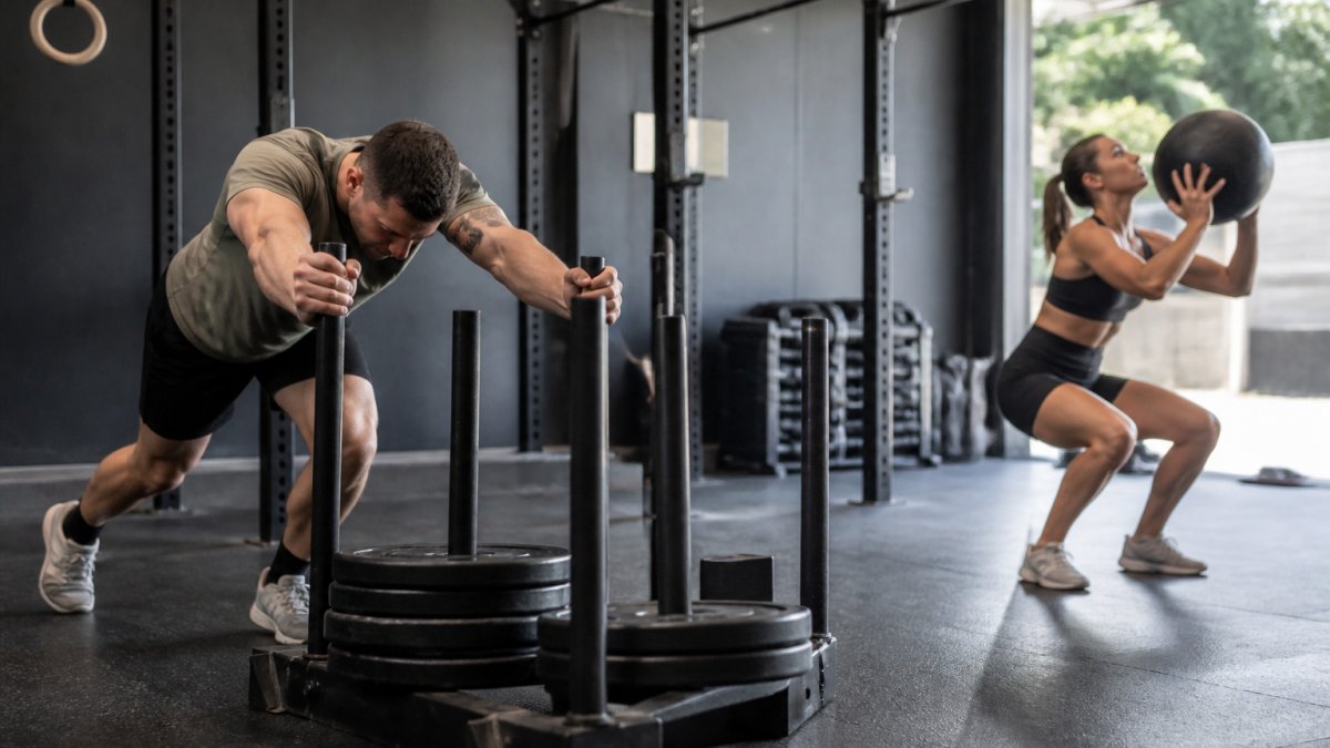 Athletes performing sled push and wall ball exercises in a CrossFit gym, demonstrating functional strength and full-body engagement during hybrid training with natural gym lighting