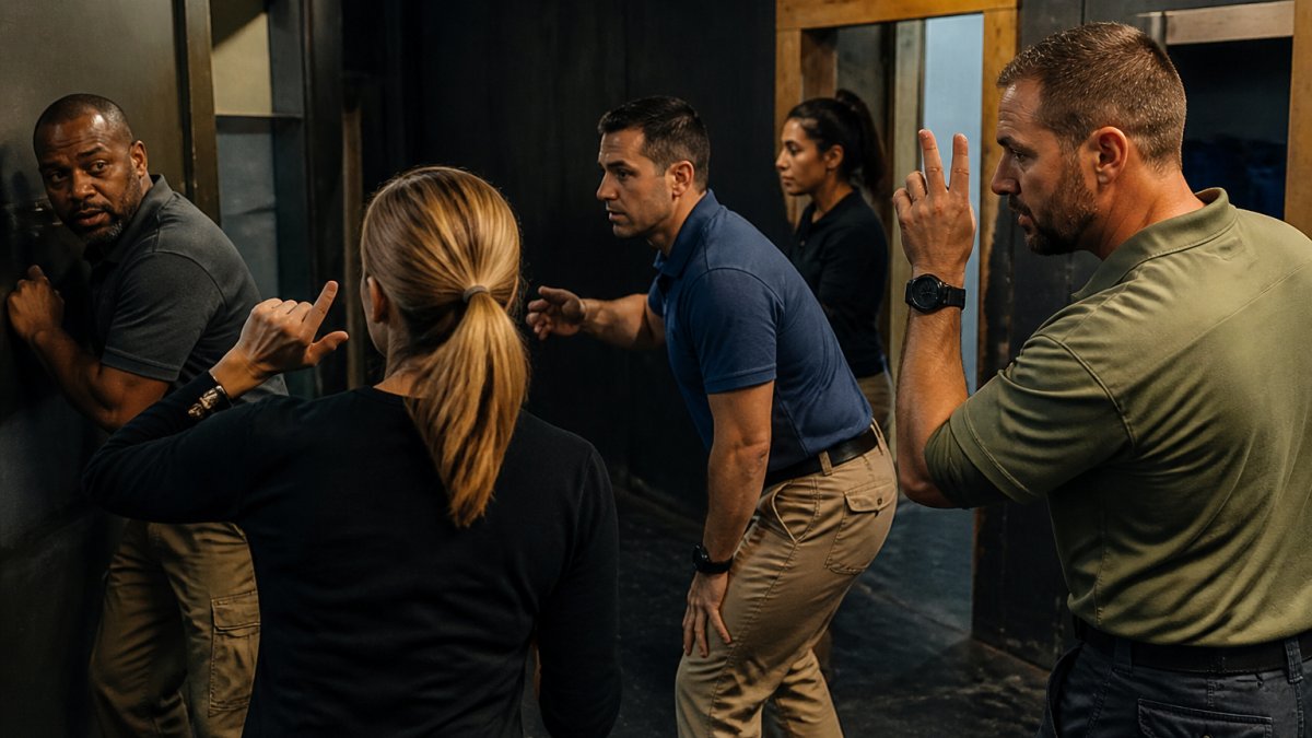 Diverse professionals using hand signals in a tactical room for immersive leadership training simulations.