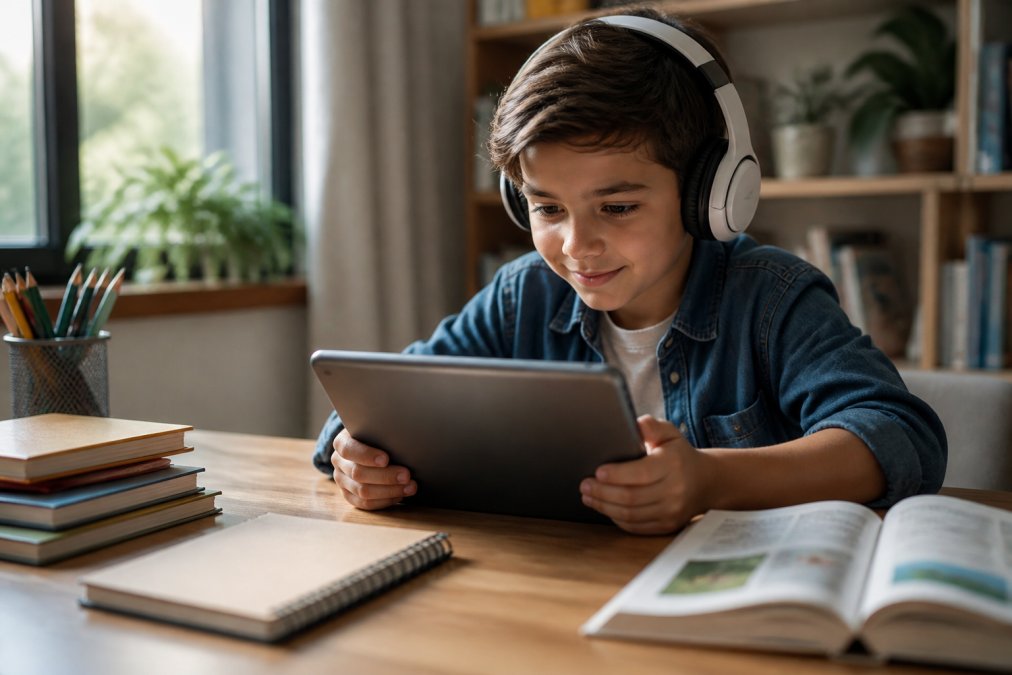 Child wearing headset exploring a virtual environment on tablet, seated at a desk with books and learning materials nearby, focused and engaged expression