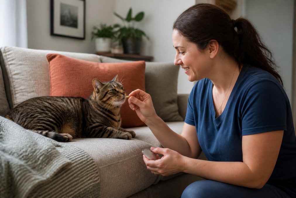 A calm cat lounging on its owner's couch in a home environment, with a professional pet sitter sitting nearby offering treats or gentle attention