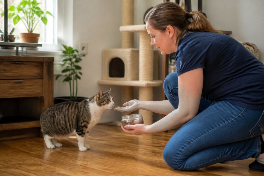 A professional pet sitter interacting confidently with a cat in a home setting, demonstrating care and trustworthiness during a visit, with the sitter making eye contact and offering treats