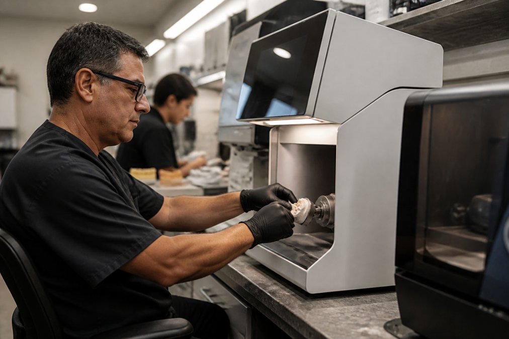 A dental technician in a clean, well-lit in-house lab using a CAD/CAM milling machine to fabricate a zirconia crown, with digital impressions visible on a nearby monitor