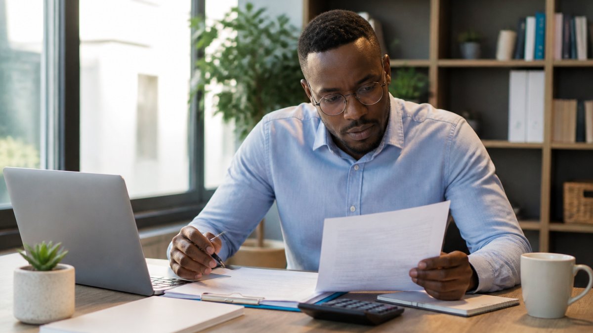 Business owner reviewing policy documents to assess general liability coverage limits at a sunlit office desk