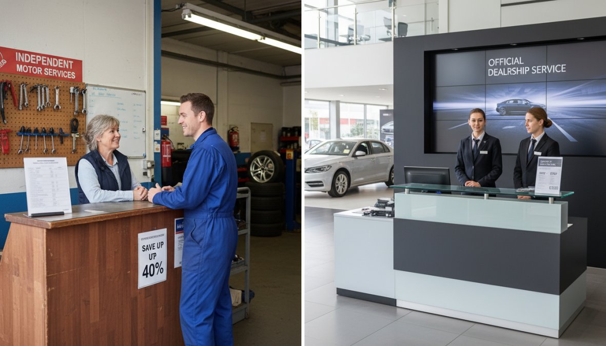 A mechanic in a clean, well-lit independent garage workshop reviewing a vehicle service invoice with a customer at a reception desk, both looking at paperwork together in a friendly, professional setting