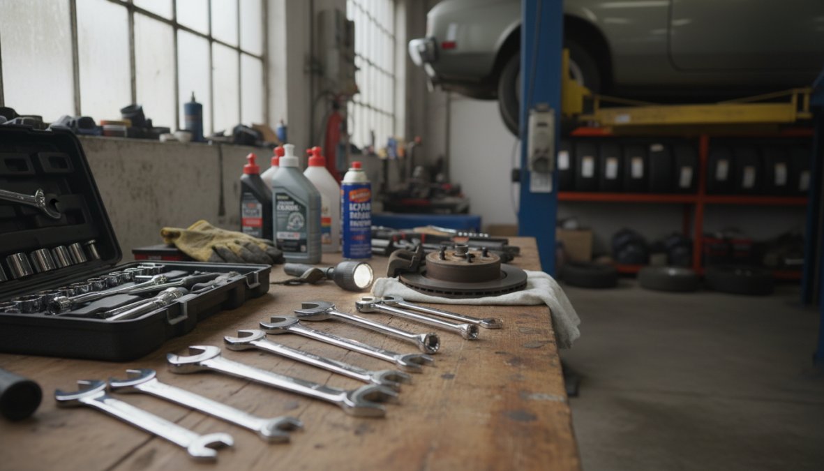 Close-up of a qualified mechanic using a professional diagnostic tool connected to a car's OBD port inside a tidy garage, with certification plaques visible on the workshop wall in the background