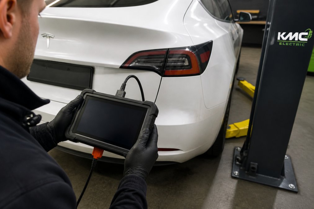Professional illustration showing Technician, Tesla for independent EV servicing