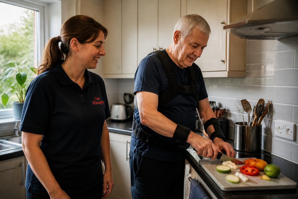 Person with acquired brain injury preparing a meal in their own kitchen with adaptive equipment and supportive carer nearby, natural daylight streaming through windows