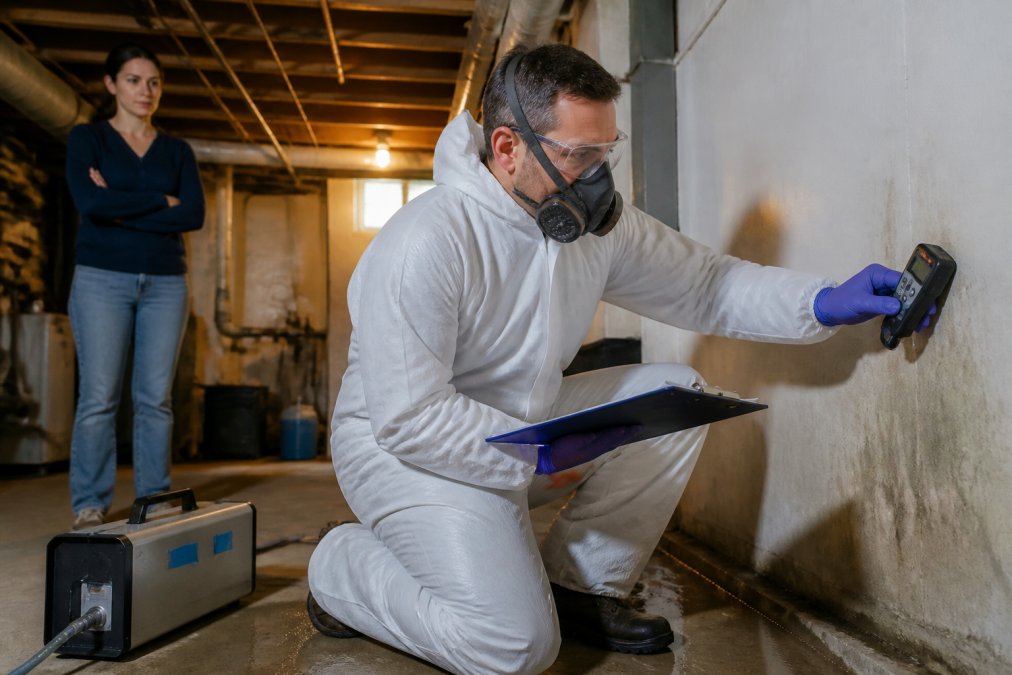 A certified mold inspector in protective gear using a moisture meter on a residential wall, with a clipboard and air sampling pump visible in a dimly lit basement