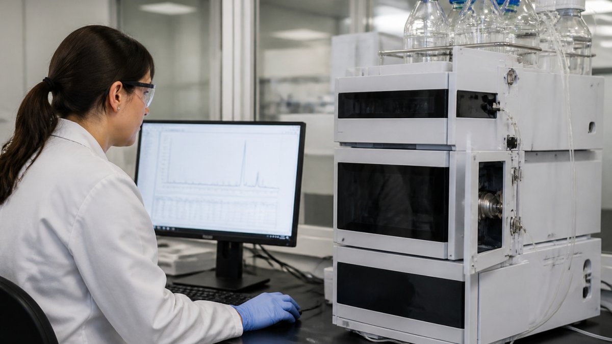 Laboratory technician in white coat working at HPLC instrument with computer monitor displaying chromatogram data showing multiple peaks and analytical results