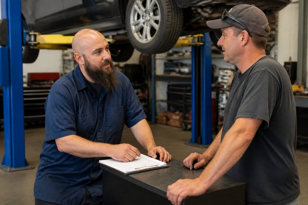 Service advisor speaking directly with vehicle owner in repair shop, reviewing repair work and discussing maintenance history face-to-face, natural lighting from shop windows