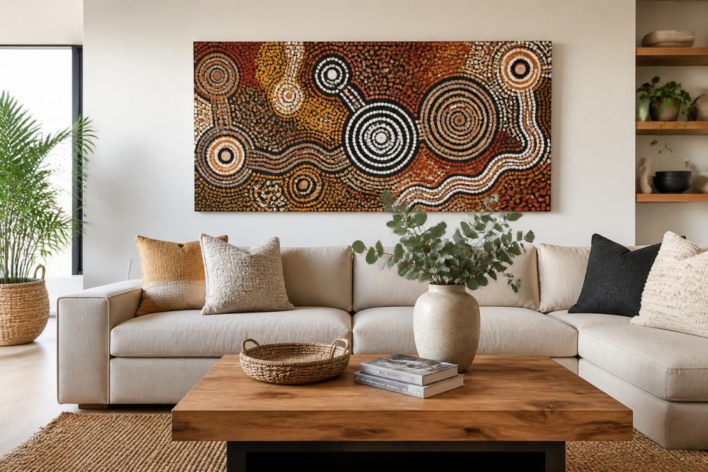 A bright, modern Australian living room with a large Aboriginal painting as a focal point above a neutral sofa, styled with textured cushions and a timber coffee table