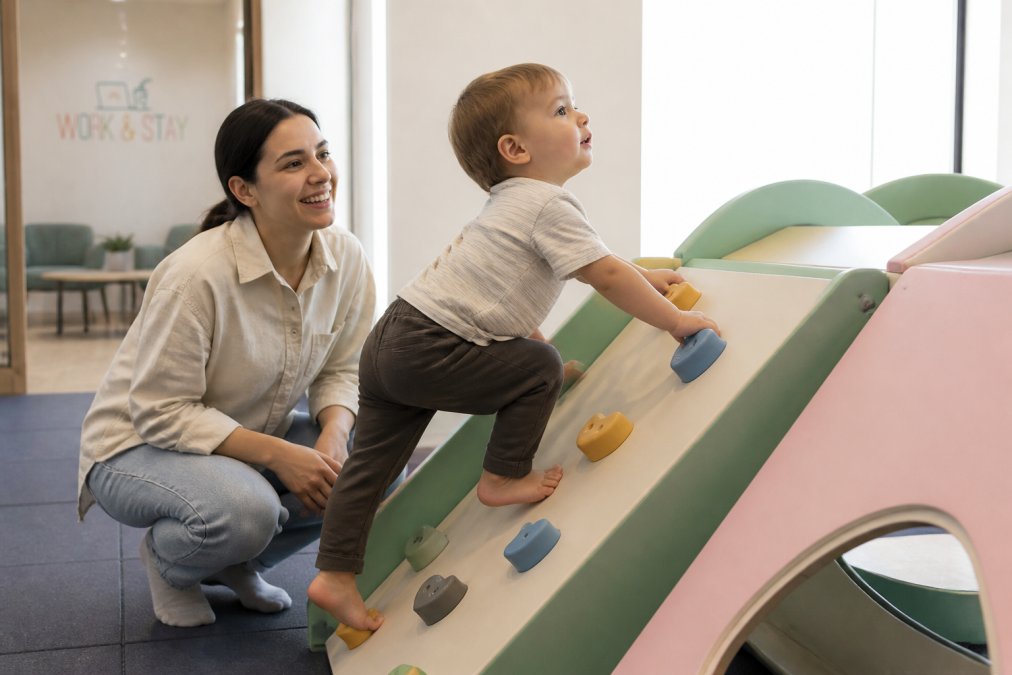 Toddlers climbing on soft play structures, reaching upward with determination and focus, actively engaging with colorful climbing equipment in a bright, supervised indoor play space