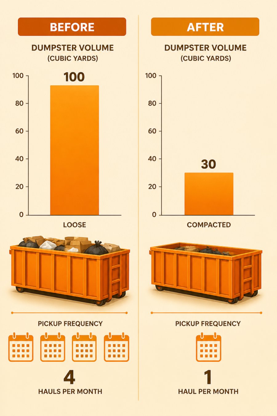 Bar chart comparing warehouse dumpster volume before and after compaction, showing 100 cubic yards loose versus 30 cubic yards compacted, with pickup frequency dropping from 4 hauls per month to 1 haul per month