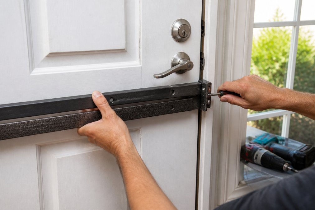 Homeowner installing a heavy-duty steel door security bar on a white exterior door during the day