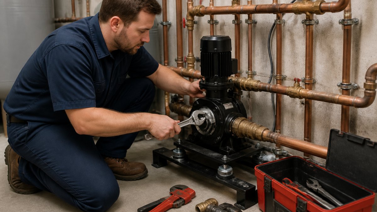 A licensed plumber in uniform installing a water pressure booster pump on a copper pipe manifold in a residential utility room, holding a wrench, with tools nearby
