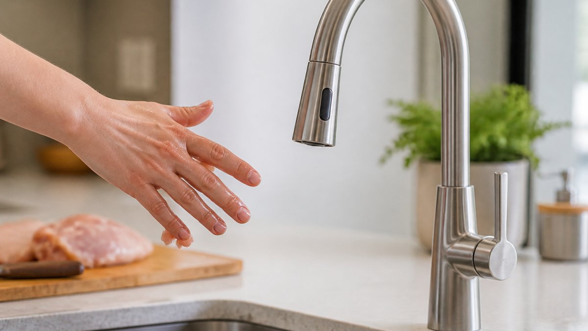 Hands covered in raw chicken juices activating a sensor-operated brushed-steel kitchen faucet to maintain hygiene.