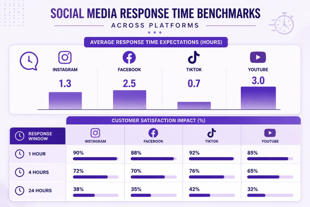 Bar chart comparing average response time expectations across Instagram, Facebook, TikTok, and YouTube; include data on customer satisfaction impact at 1-hour, 4-hour, and 24-hour response windows