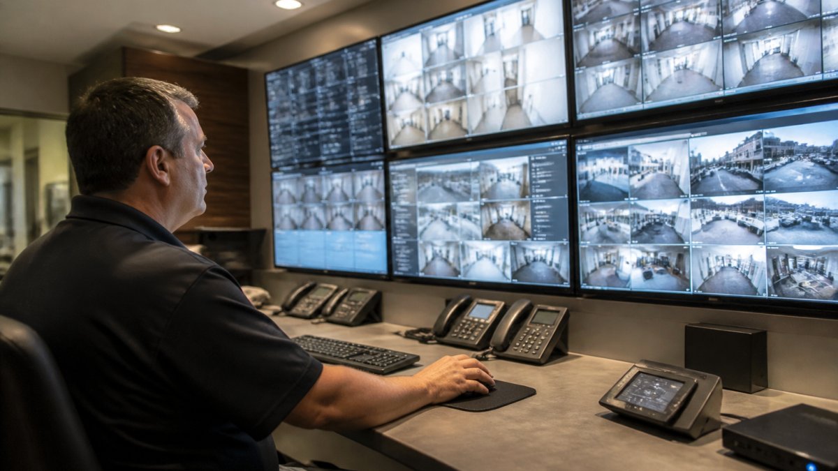 Facility manager monitoring integrated building network systems on a desktop control interface displaying multiple system dashboards and real-time status indicators in a modern control room with ambient lighting