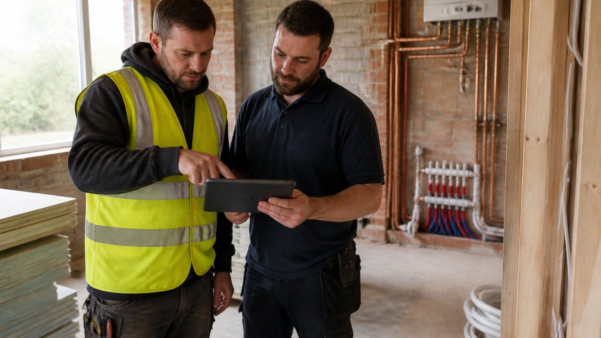 Site foreman and heating engineer reviewing plans for integrated building services on a tablet at a renovation site