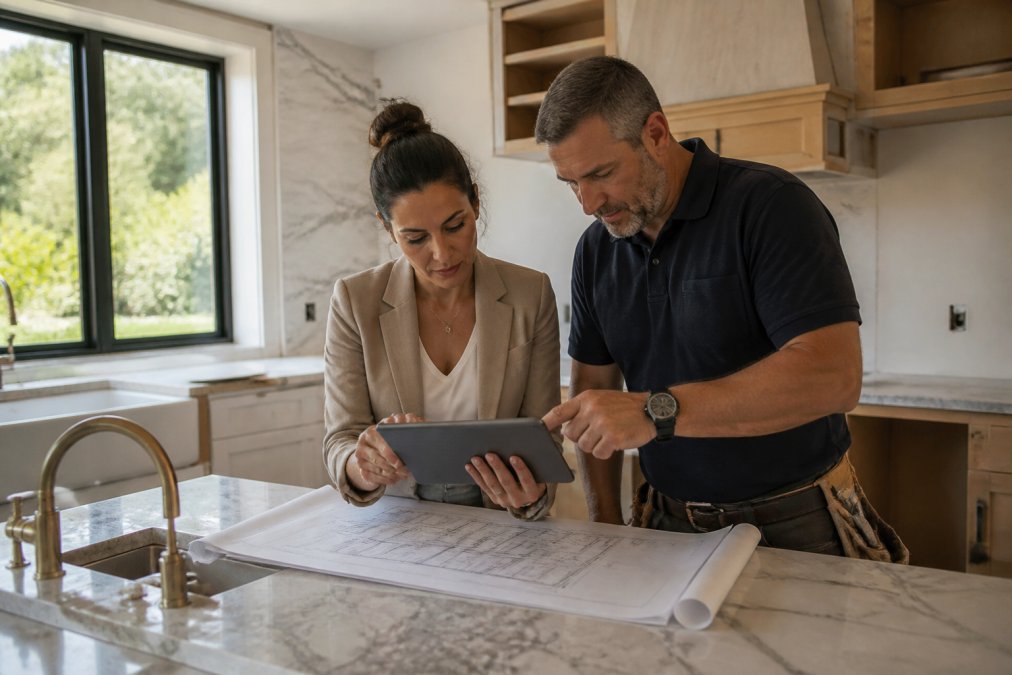 Architect and contractor using integrated design build to review blueprints on a tablet in a home renovation.